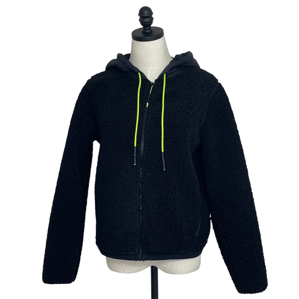 JoyLab Full Zip Fleece Hooded Jacket Black with Lime Green Accent Sz Small R1220